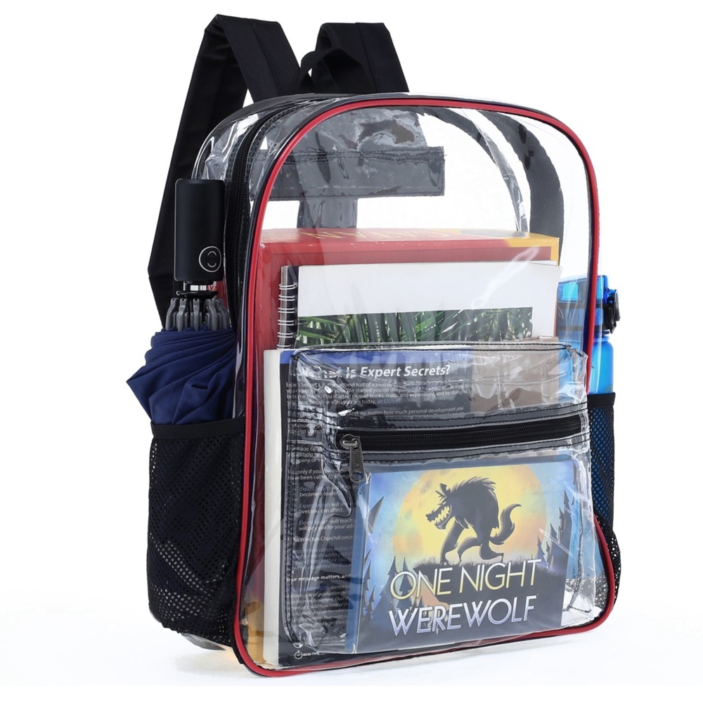 Transparent Heavy Duty Backpack with Black and Red Contrast Seams